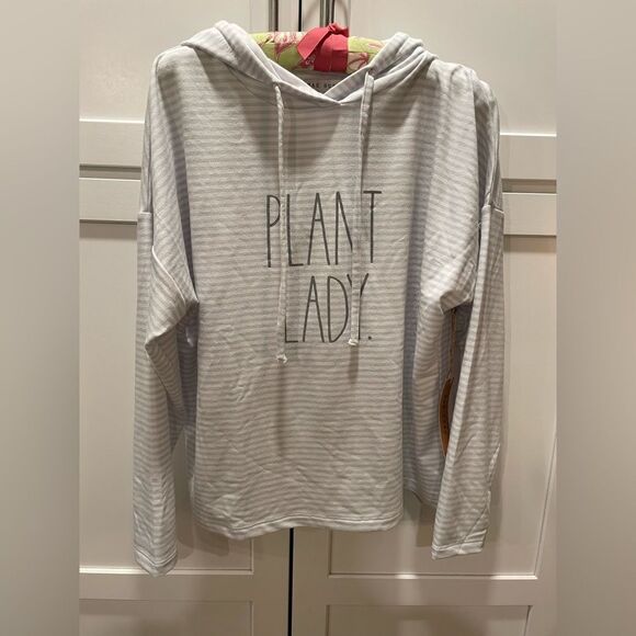 Rae Dunn “PLANT LADY” Sweatshirt Hoodie Sage Green Stripe Size Medium - Picture 2 of 7